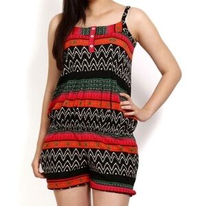Global Desi Boho Tribal Print Romper Geometric Shorts Jumpsuit Women’s S